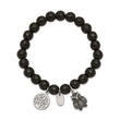 Stainless Steel Antiqued & Polished Owl Black Jade Stretch Bracelet