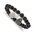 Stainless Steel Antiqued & Polished Owl Black Jade Stretch Bracelet