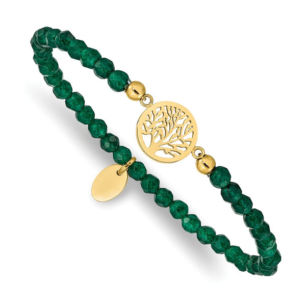 Stainless Steel Polished Yellow IP Tree of Life Green Jade Stretch Bracelet