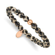 Stainless Steel Polished Rose IP Black and White Agate Stretch Bracelet