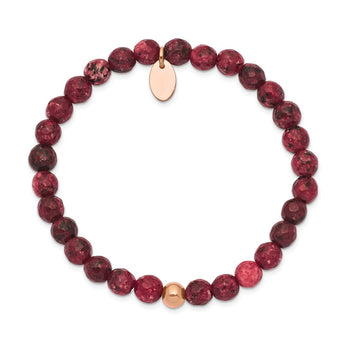 Stainless Steel Polished Rose IP-plated Red Jade Stretch Bracelet
