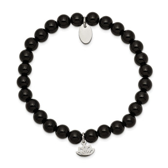 Stainless Steel Polished Lotus Black Agate Beaded Stretch Bracelet