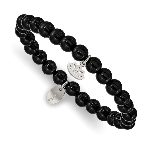 Stainless Steel Polished Lotus Black Agate Beaded Stretch Bracelet
