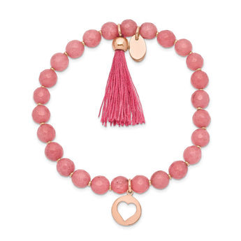 Stainless Steel Polished Rose IP Heart w/Tassel Pink Jade Beaded Bracelet