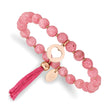 Stainless Steel Polished Rose IP Heart w/Tassel Pink Jade Beaded Bracelet