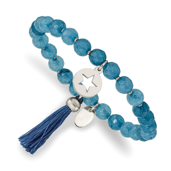 Stainless Steel Polished Star w/Tassel Blue Agate Beaded Stretch Bracelet