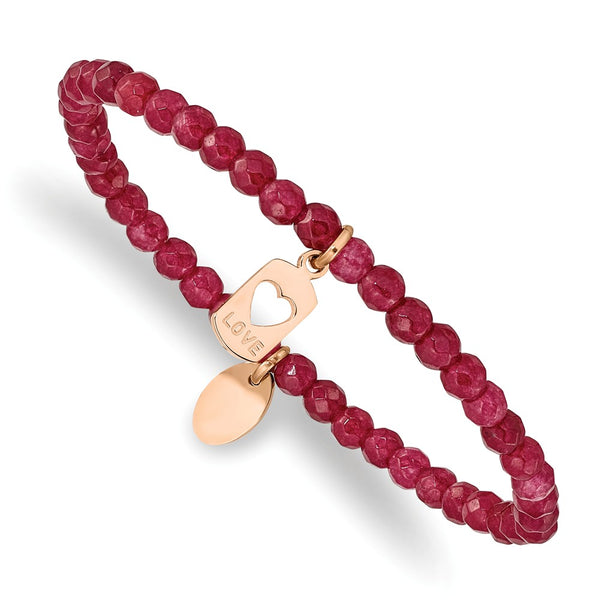 Stainless Steel Polished Rose IP-plated LOVE Red Jade Stretch Bracelet