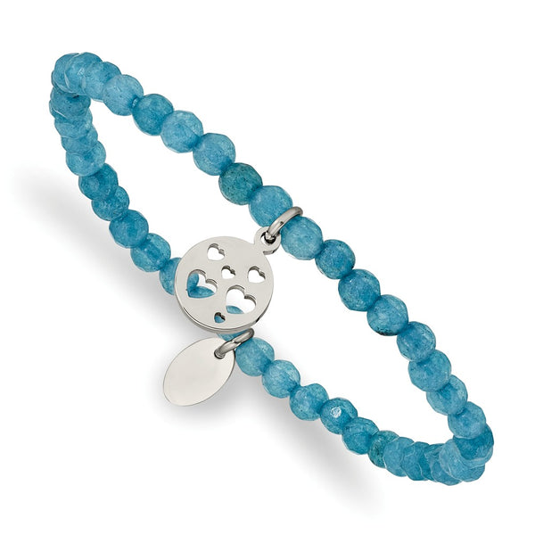 Stainless Steel Polished Hearts Blue Jade Beaded Stretch Bracelet