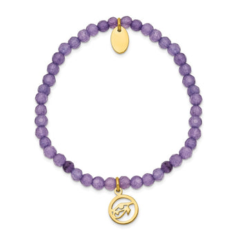 Stainless Steel Polished Yellow IP Eye of Horus Purple Jade Stretch Bracele