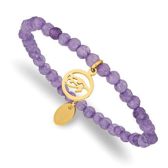 Stainless Steel Polished Yellow IP Eye of Horus Purple Jade Stretch Bracele