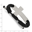 Stainless Steel Brushed and Polished Black Nylon Adjustable Cross Bracelet