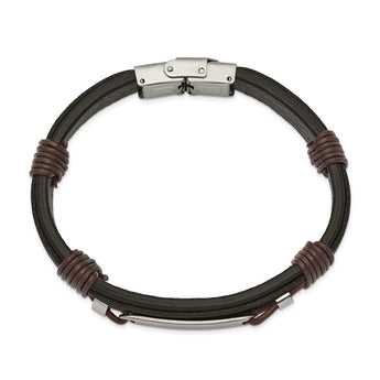 Stainless Steel Polished Black and Brown Leather 8.25in Bracelet
