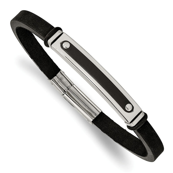 Stainless Steel Polished Black IP-plated Black Rubber 8.25in Bracelet