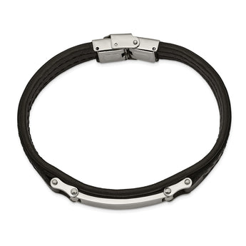 Stainless Steel Polished Black Leather 8.25in ID Bracelet