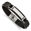 Stainless Steel Polished Black Leather 8.25in ID Bracelet