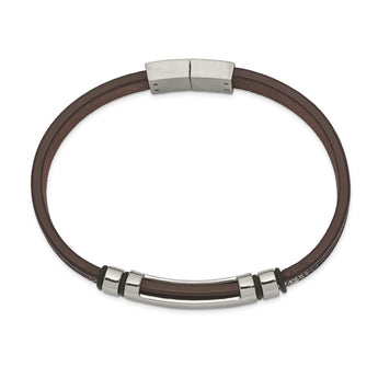 Stainless Steel Polished Brown Leather w/Black Rubber 8.25in ID Bracelet