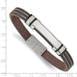 Stainless Steel Polished Brown Leather w/Black Rubber 8.25in ID Bracelet