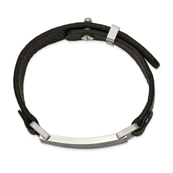 Stainless Steel Polished Scratch Finished Adjustable Black Leather Bracelet