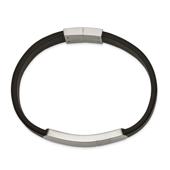 Stainless Steel Brushed and Polished Black Leather 8.5in ID Bracelet