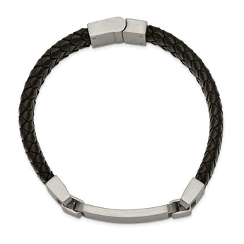 Stainless Steel Brushed Black Leather 8.5in ID Bracelet