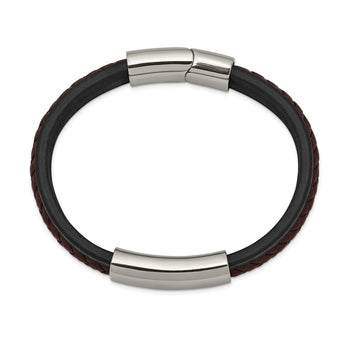 Stainless Steel Polished Black & Brown Braided Leather 8.25in ID Bracelet