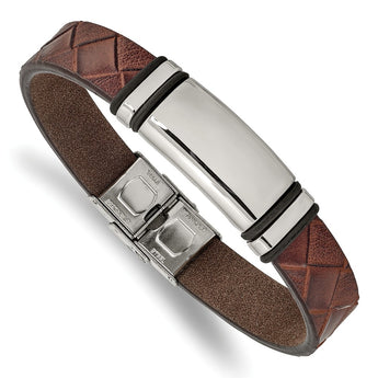 Stainless Steel Polished Brown Faux Leather w/ Black Rubber ID Bracelet