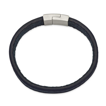 Stainless Steel Brushed Blue Leather 8.5 inch Bracelet