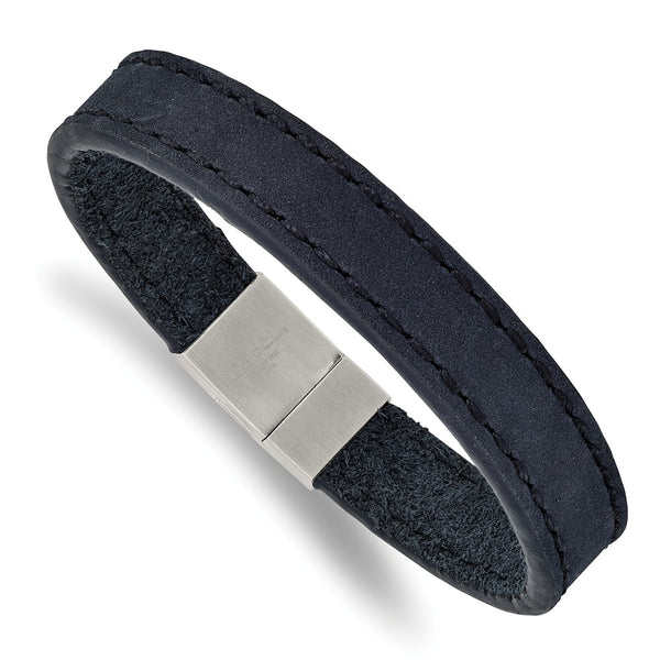 Stainless Steel Brushed Blue Leather 8.5 inch Bracelet