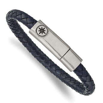 Stainless Steel Brushed and Oxidized Blue Leather Compass 8in Bracelet