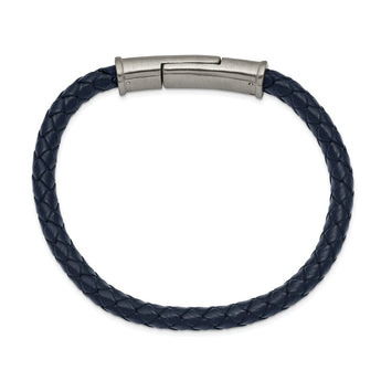 Stainless Steel Brushed Braided Blue Leather 8.25in Bracelet