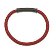 Stainless Steel Brushed Black IP-plated Red Leather 8.5in Bracelet