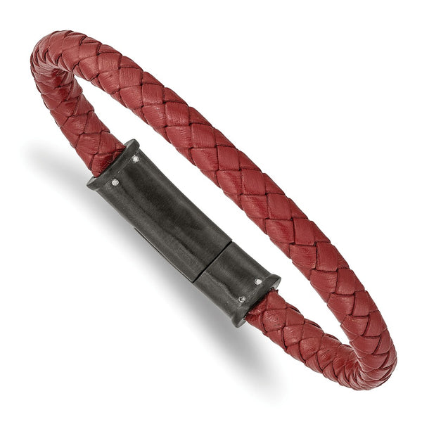 Stainless Steel Brushed Black IP-plated Red Leather 8.5in Bracelet