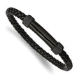 Stainless Steel Polished Black IP-plated Black Leather 8.25in Bracelet