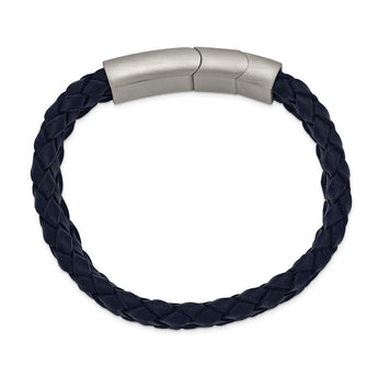 Stainless Steel Brushed Navy Braided Leather 8.25in w/.5in ext. Bracelet