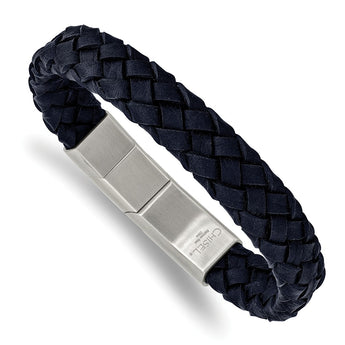 Stainless Steel Brushed Navy Braided Leather 8.25in w/.5in ext. Bracelet