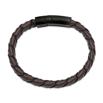 Stainless Steel Brushed Black IP Black/Brown Leather 8.25in Bracelet