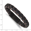 Stainless Steel Brushed Black IP Black/Brown Leather 8.25in Bracelet