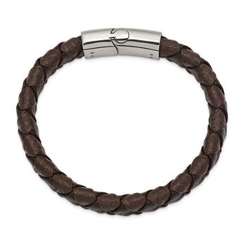 Stainless Steel Polished Black and Brown Textured Leather 8in Bracelet