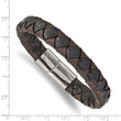 Stainless Steel Polished Black and Brown Textured Leather 8in Bracelet