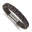 Stainless Steel Polished Black and Brown Textured Leather 8in Bracelet