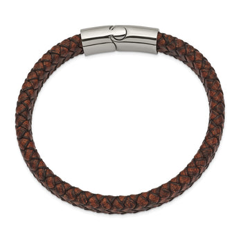 Stainless Steel Polished Brown Leather 11.50mm 8.5in Bracelet