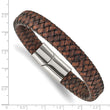 Stainless Steel Polished Brown Leather 11.50mm 8.5in Bracelet