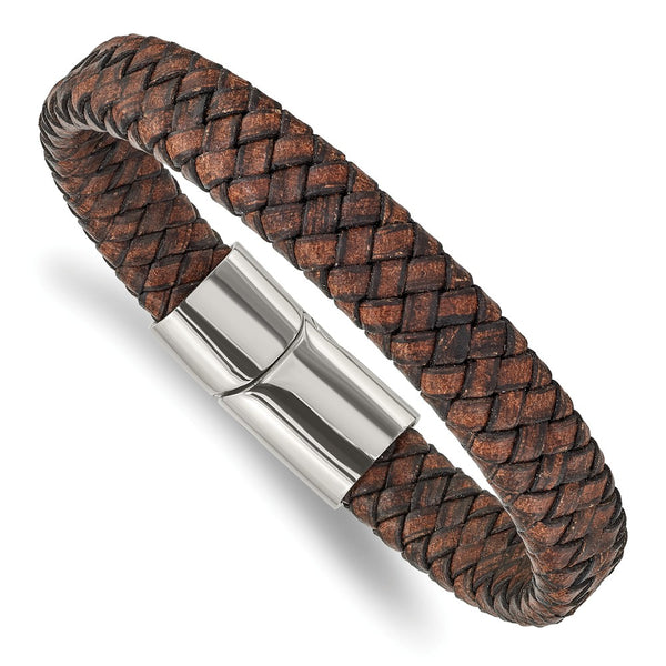 Stainless Steel Polished Brown Leather 11.50mm 8.5in Bracelet