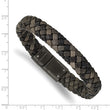 Stainless Steel Brushed Gun Metal IP-plated Brown Leather 8.25in Bracelet