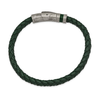 Stainless Steel Antiqued Green Leather 8.25in Bracelet