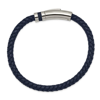 Stainless Steel Polished Blue Leather 8.25in Bracelet