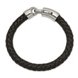 Stainless Steel Antiqued and Polished Black Leather 8.25in Bracelet