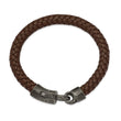 Stainless Steel Antiqued Grey Plating Brown Leather 8.25in Bracelet