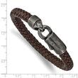 Stainless Steel Antiqued Grey Plating Brown Leather 8.25in Bracelet