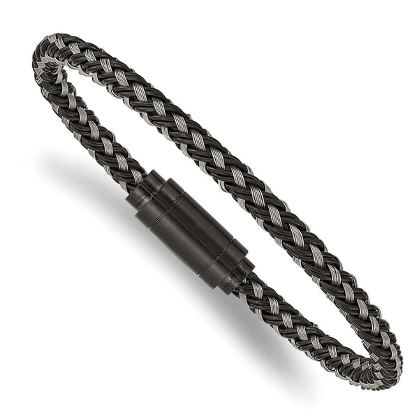 Stainless Steel Polished Black IP Braided Wire & Rubber 8.25in Bracelet